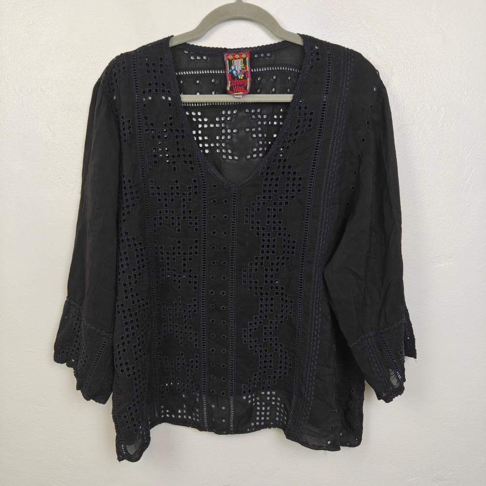 Johnny Was Womens Top XXL Black Eyelet Embroidered V-Neck Boho Peasant Blouse - Picture 2 of 7